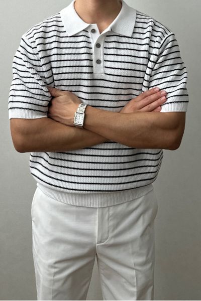 COOL TARZ Ανδρικό μπλουζάκι με λευκό ριγέ με κουμπιά κανονική εφαρμογή