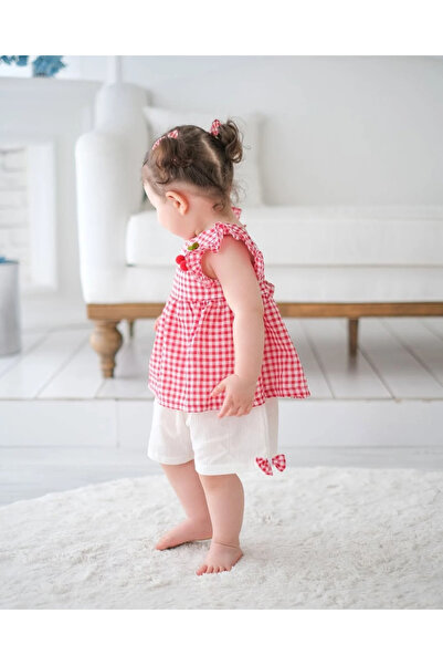 aysskids Cherry Plaid Cherry Detailed Baby Girl Double Set