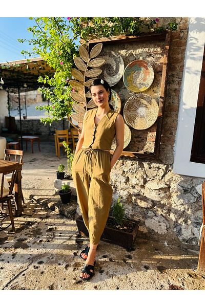 TUĞÇE ÖZER BUTİK Vest Pants Set Dark Khaki