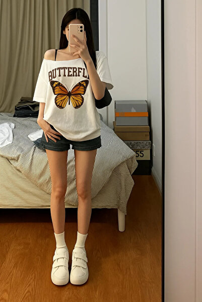 npLStore Tricou de damă cu decolteu barcă cu imprimeu fluture