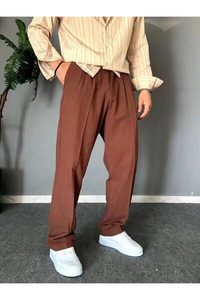 BASEL.CO Old Money Πλισέ φαρδύ καλούπι με ελαστική μέση καλοκαιρινό λινό παντελόνι