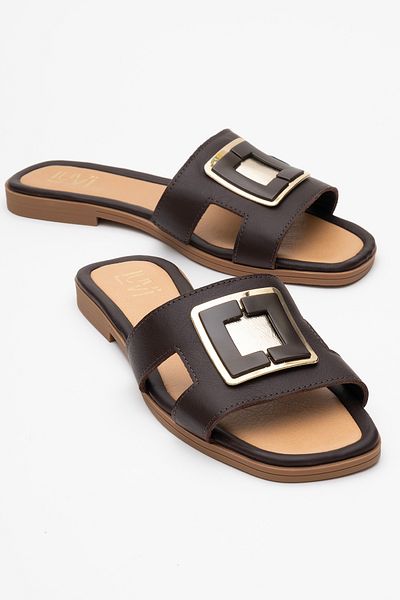 LuviShoes Mi̇lli̇e Brown Genuine Leather Buckle Women's Slippers