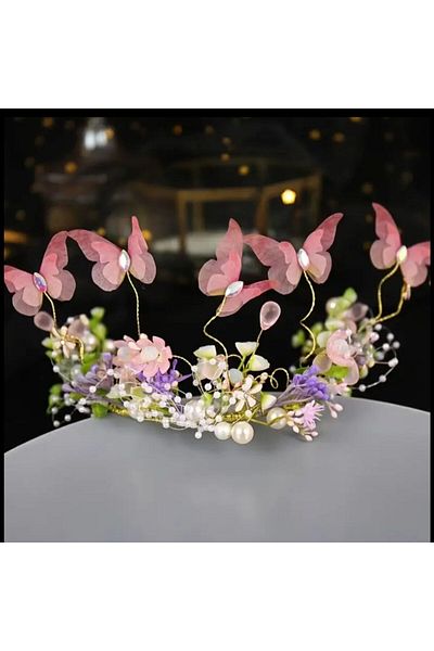 Yıldız Accessory Country Wedding Colorful Butterfly Bridal Crown Engagement Wedding Party Organization Flying Colorful Butterfly Crown