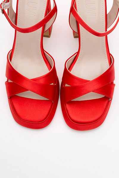 LuviShoes Lello Red Satin Women's Platform Heeled Shoes