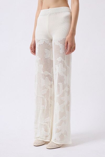 WOMAN VISION Ecru Knitted Knitwear High Waist Wide Leg Design Beach Pants 004
