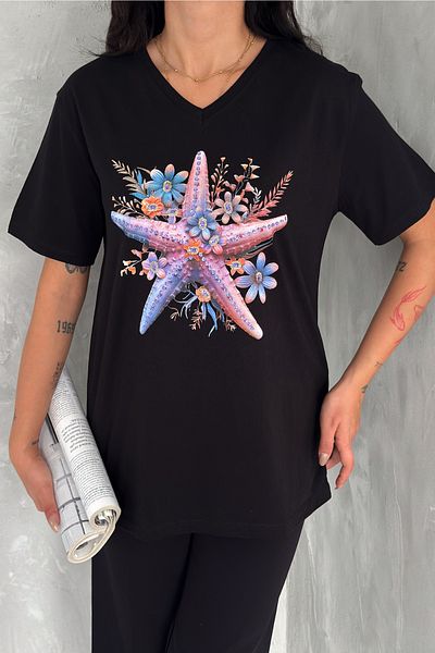 FEMELLE Women's Black 100% Cotton Plus Size T-Shirt V-Neck Starfish Sequins Sequins Embroidered