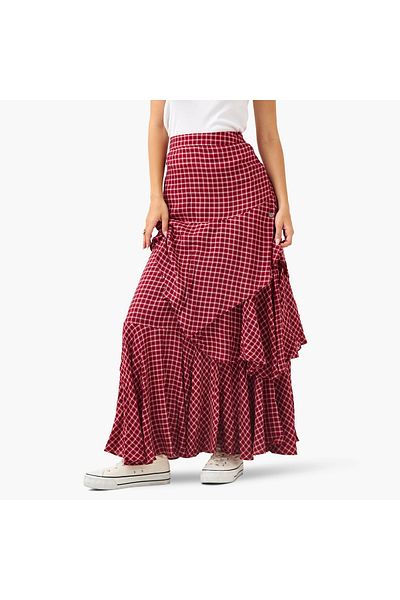 Lee Cooper Checked Layered Maxi Skirt with Semi-Elasticated Waist