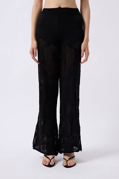 WOMAN VISION Black Knitted Knitwear High Waist Wide Leg Design Beach Pants 004