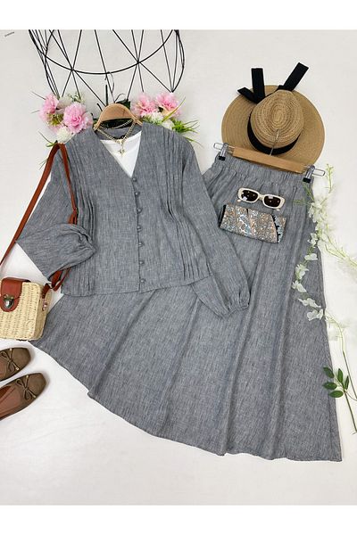 YEDİLALE Long Sleeved Summer Shirt Skirt with Clover Button Double Set