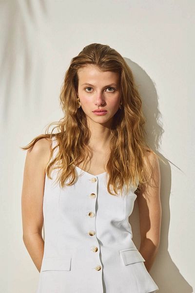 Quzu Pocket Covered Buttoned Strap Linen Ecru Women's Blouse Blz00325