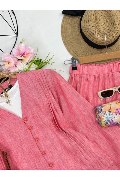 YEDİLALE Long Sleeved Summer Shirt Skirt with Clover Button Double Set