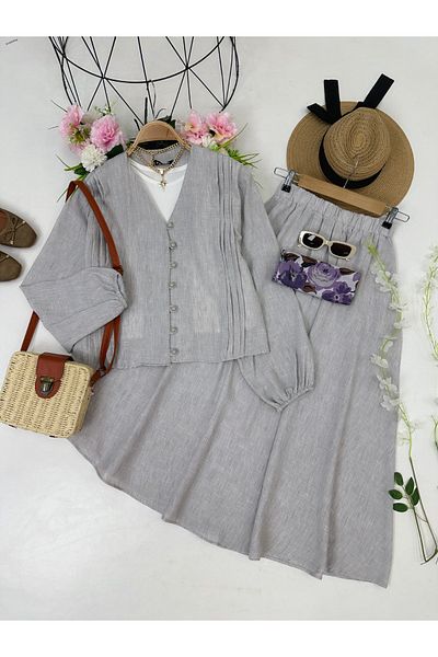 YEDİLALE Long Sleeved Summer Shirt Skirt with Clover Button Double Set