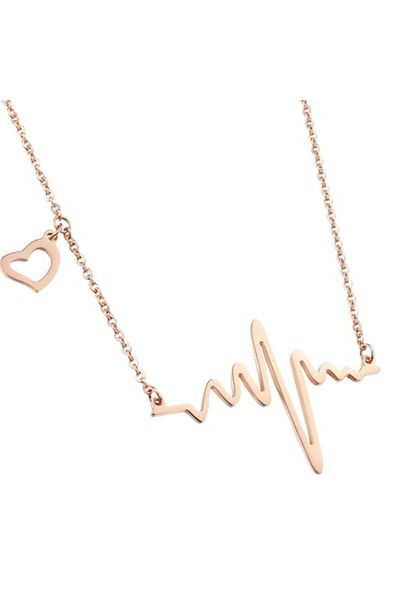 Tessero Lantisor de dama, model electrocardiograma, inimioara cu puls, otel inoxidabil, 45 cm, rose gold