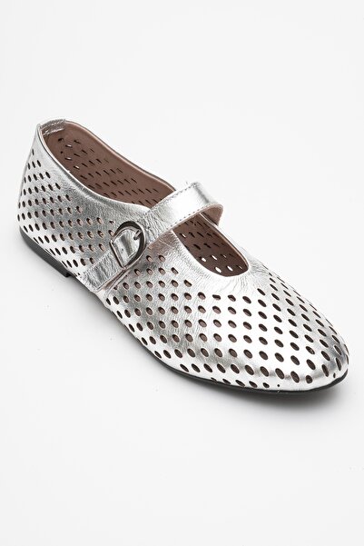 LuviShoes Ari̇an Silver Genuine Leather Perforated Women's Ballerina Shoes