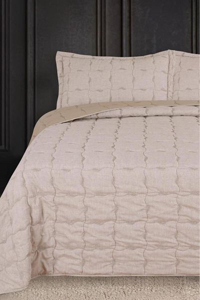 Çeyiz Diyarı Lesya Embroidered Fiber Filled Double Size 240X260 cm Bedspread Beige