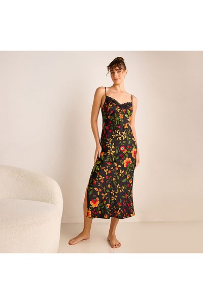 FAV Floral Print Satin Slip Dress with Adjustable Straps