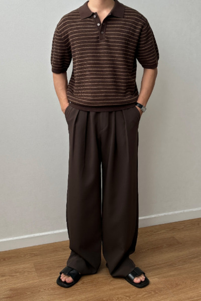 Tarz Cool Ανδρικό πλεκτό μπλουζάκι με κανονική εφαρμογή με καφέ ριγέ κουμπιά