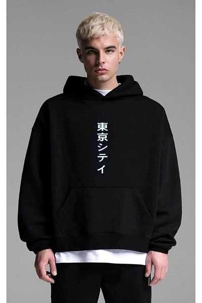 CAST COLLECTİON Men's Black Minimal Japanese Text Printed Hooded Sweatshirt