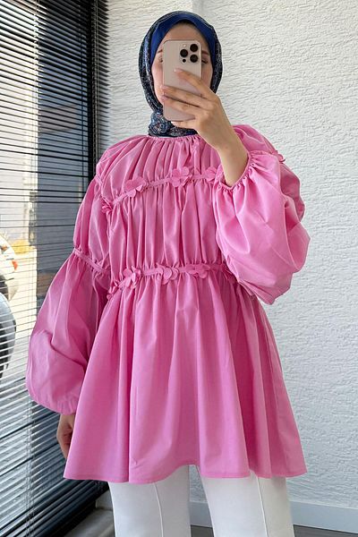 MELEK ARAZ Reglan Floral Detailed Poplin Tunic – Pink
