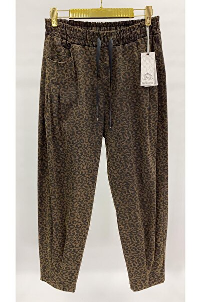 LADYDUİN Bel Lastikli Leopar Baskılı Pile Detaylı Kadın Şalvar Pantolon