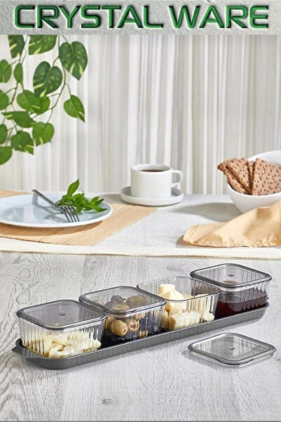 Crystal Ware 4 Bölmeli Uzun Kapaklı Tepsili Kahvaltılık, Çerezlik Antrasit F600
