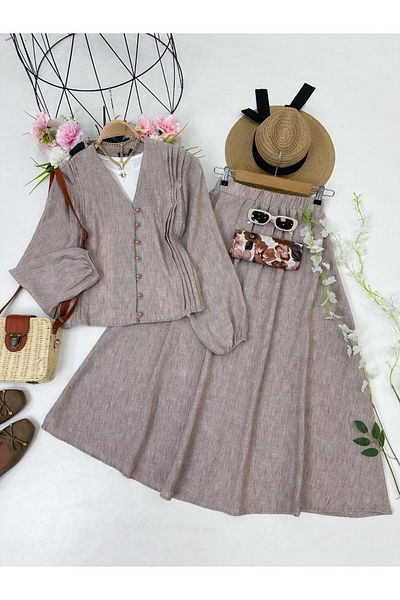 YEDİLALE Long Sleeved Summer Shirt Skirt with Clover Button Double Set