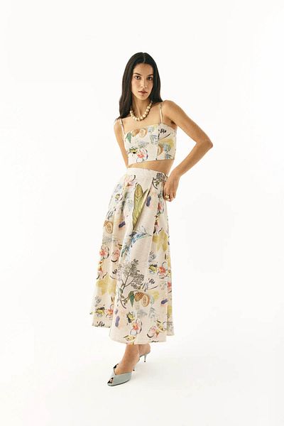 Quzu Bluză de damă crop bej cu model floral cu bretele de legare la spate BLZ00556