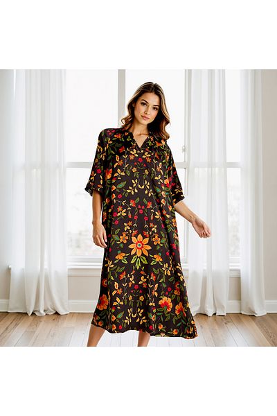 FAV Printed Night Dress with Collar and 3/4 Sleeves