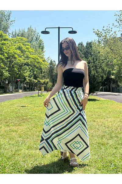 sielta Fusta lungă de damă cu talie elastică, tăiată asimetrică, cu model
