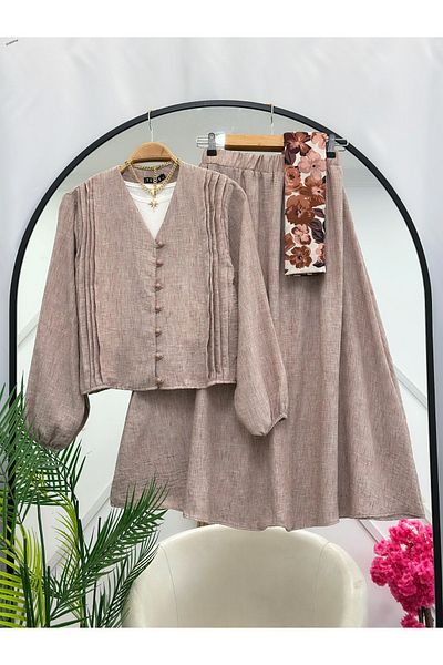 YEDİLALE Long Sleeved Summer Shirt Skirt with Clover Button Double Set