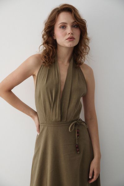 Laluvia Khakifarbenes, rückenfreies, tief ausgeschnittenes Neckholder-Kleid – 8078