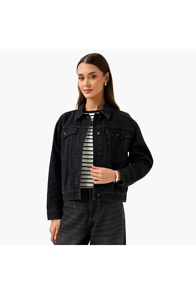 Lee Cooper Cropped Denim Trucker Jacket with Long Sleeves