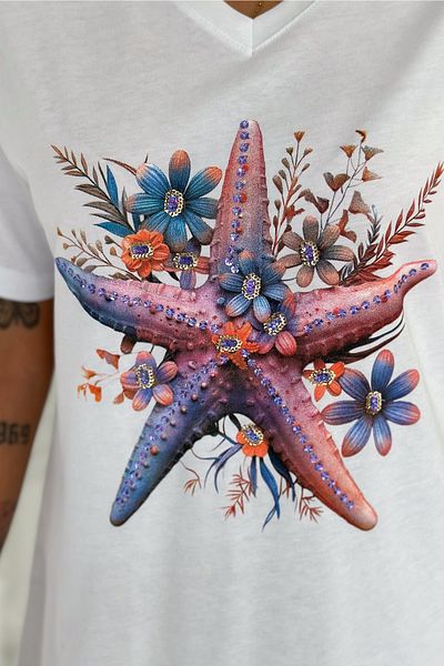 FEMELLE Women's White 100% Cotton Plus Size T-Shirt V-Neck Starfish Sequins Sequins Embroidered