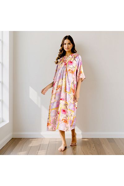 FAV Printed Night Dress with Collar and 3/4 Sleeves