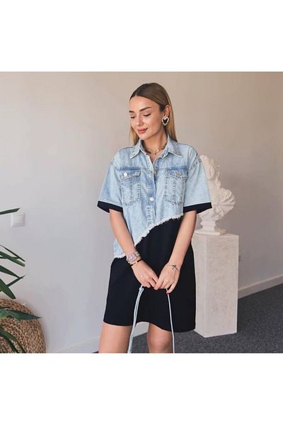 GÜLDEN KATRAN Women's Asymmetrical Denim Detailed Dress