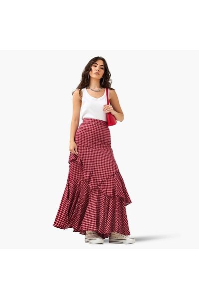 Lee Cooper Checked Layered Maxi Skirt with Semi-Elasticated Waist