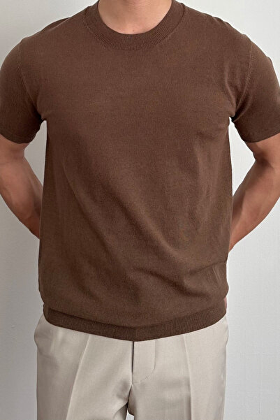 Tarz Cool Ανδρικό πλεκτό μπλουζάκι σε καφέ λεπτή εφαρμογή Crew λαιμόκοψη