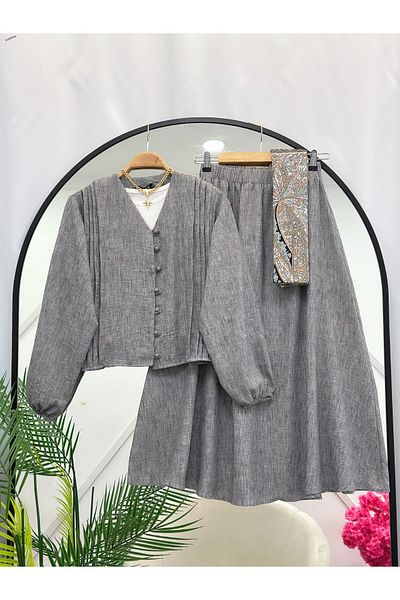 YEDİLALE Long Sleeved Summer Shirt Skirt with Clover Button Double Set