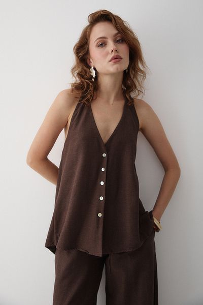 Laluvia Braunes Set aus Bluse und Hose mit Rückenschnürung und detailliertem Detail – 30379