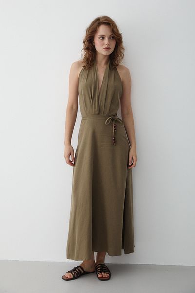 Laluvia Khakifarbenes, rückenfreies, tief ausgeschnittenes Neckholder-Kleid – 8078