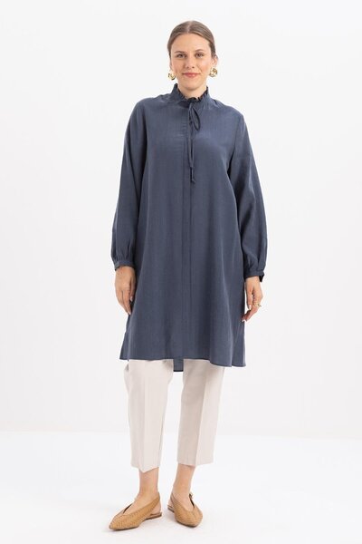 ALLDAY Indigo-Collar Ruffle Lace-Up Long Shirt