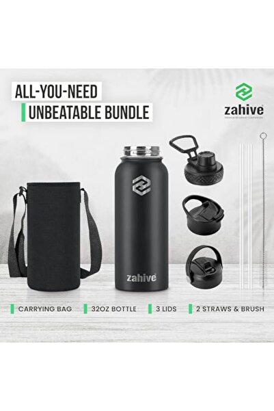 Generic Zahive Stainless Steel Water Bottle 1000ml with 3 Lids & Bag - Insulated Thermos Flask (32oz, Black)