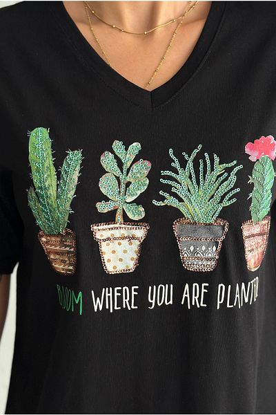 FEMELLE Women's Black 100% Cotton Plus Size T-Shirt V-Neck Cactus Sequins Embroidered