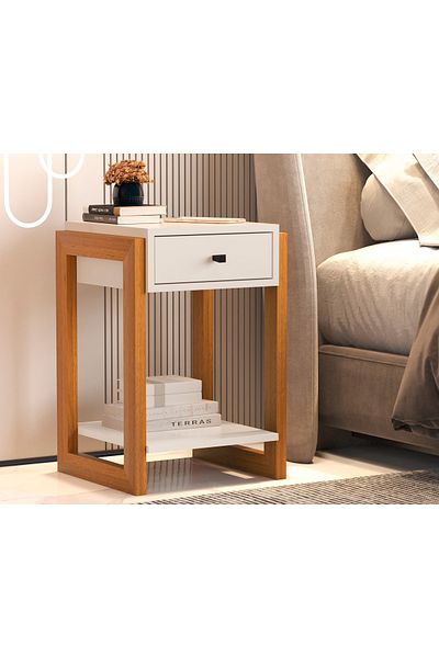 JB Moviecs Bedroom side table with drawer, natural wood color and white