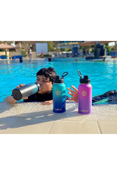 Zahive 1L Stainless Steel Insulated Water Bottle with 3 Lids, Straw & Bag (Deep Purple)