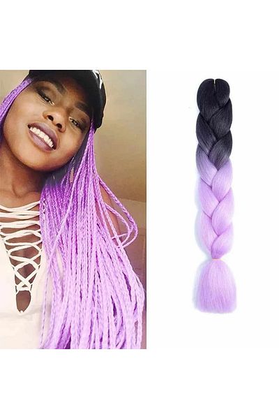 WNY Extensii de păr sintetic colorate pentru împletitură, culoare Ombre, negru/violet, 105g, 63cm