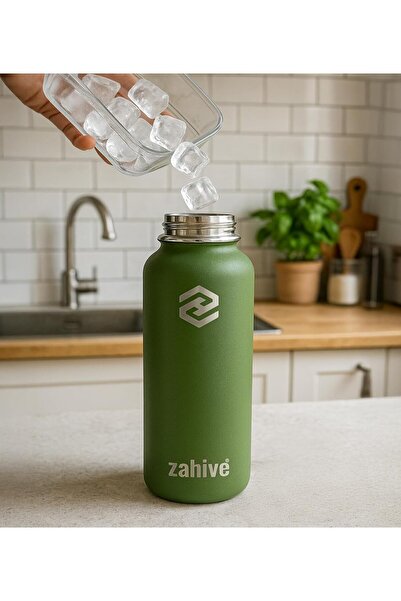 Zahive Stainless Steel Water Bottle 1L - Insulated Double Wall Thermos with 3 Lids & Bag (Army Green