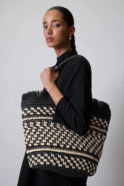 FASHION COCKTAIL Φούντες Western Μαύρη λαβή με σχοινί με φερμουάρ με επένδυση Seaside Holiday Beach Ψάθινη τσάντα φαρδιά μεγάλο μέγεθος