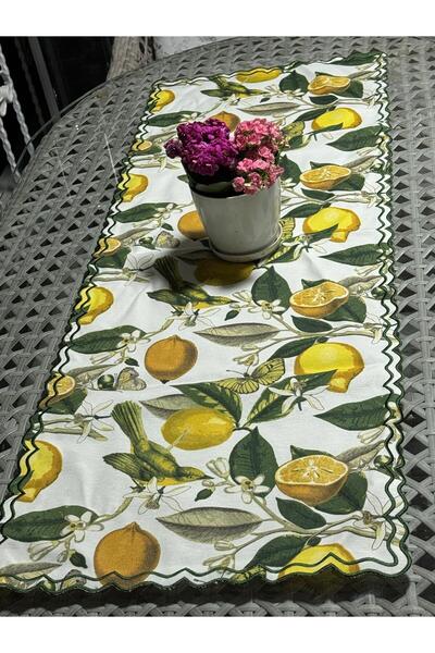 İNCİ ÇEYİZ 1 Parça Keten Üzerine Limon Desenli Çift Sargı Nakışlı Runner Bahç...