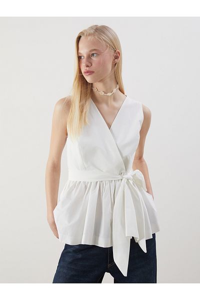 LC Waikiki Double Breasted Collar Waist Tie Gathered Poplin Blouse